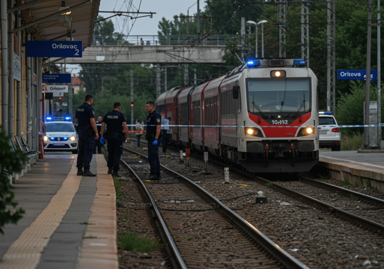 Early morning at the railway station in Oriovac, Slavonia, Croatia, shortly after 7:00 AM on a solemn August day. Soft, diffused natural light illuminates the scene. Several uniformed Croatian police officers with serious expressions are conducting an on-site investigation near the train tracks. A rail vehicle, possibly part of the 'Pružne građevine' company's equipment, is parked further down the tracks, and elements of a locomotive or train cars are visible in the background. Emergency service vehicles, including a police patrol car with subtle flashing blue lights, are present, indicating an ongoing incident. The overall atmosphere is quiet and grave, reflecting the somber nature of the event.
