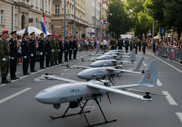 A detailed view of multiple Orqa FPV MRM-2 Interceptor drones on display during a military parade on Ulica grada Vukovara in Zagreb, Croatia. It is 5 PM on July 31, 2025, with warm late afternoon sunlight illuminating the scene. The Croatian-made mini-combat drones are lined up, showcasing their unique design. Croatian Armed Forces personnel in full dress uniform are visible in the foreground and background, observing the procession. The urban street environment includes typical Zagreb buildings and visible Croatian flags, under a clear summer sky.