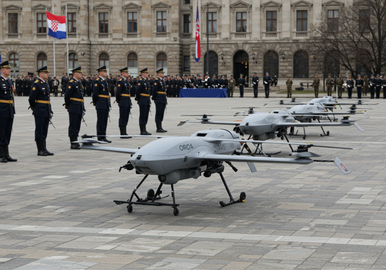 An editorial photograph of a military parade in Zagreb, Croatia, showcasing multiple Orqa FPV MRM-2 Interceptor drones specifically acquired by the Croatian Army. The advanced First-Person View unmanned aerial vehicles are prominently displayed, arranged in formation, with Croatian military personnel in their official parade uniforms standing alongside them. The scene is bathed in clear natural daylight. Croatian national flags are visible in the background, set against the distinctive architecture of Zagreb, emphasizing the strategic importance of this defense initiative.