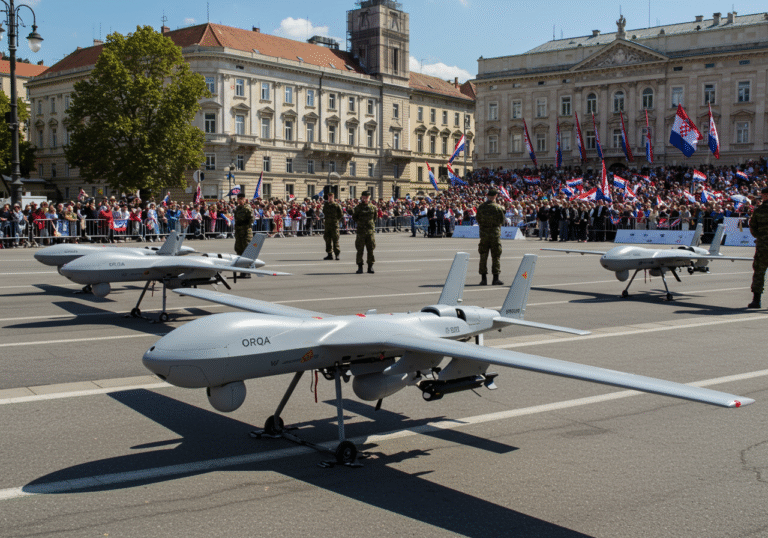 FPV MRM-2 Interceptor drones, developed by Orqa, are prominently displayed at a large military parade in Zagreb, Croatia, on a sunny day. Uniformed Croatian military personnel stand near the drones, which are positioned for public viewing. In the background, the distinctive architecture of Zagreb is visible, alongside large crowds of spectators and numerous Croatian flags waving gently in the breeze. The scene captures the significance of domestic military technology during a national celebration.
