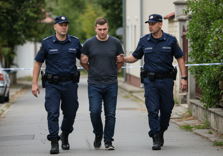 A 28-year-old man, dressed in ordinary civilian clothes, is escorted by two uniformed Croatian police officers from the Osječko-baranjska County force. They are walking along a street in a residential area within Osijek-Baranja County, Croatia, during the daytime under natural light. The officers are in their standard dark blue uniforms, and the scene conveys the serious tone of a police operation related to a major financial fraud investigation.