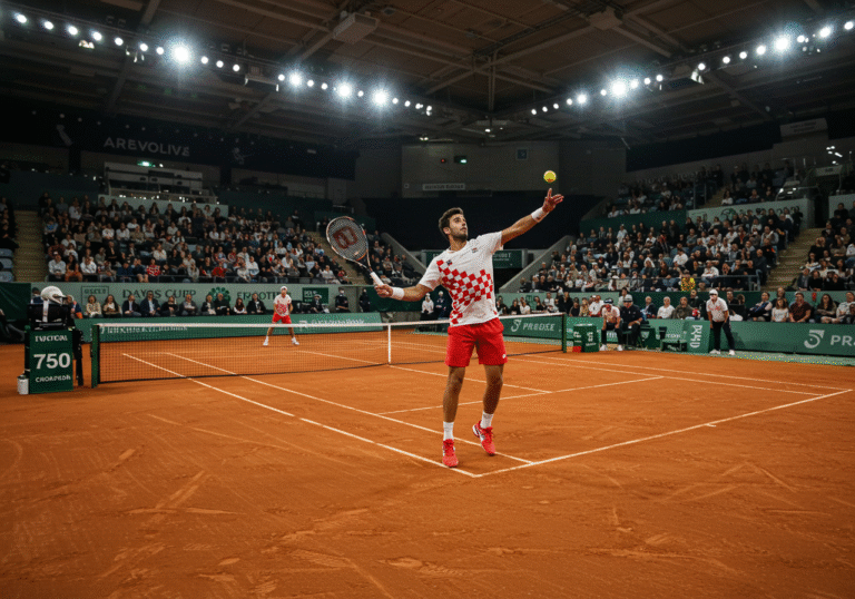 A Croatian male tennis player in a white and red national uniform intensely serves on a red clay court during a crucial Davis Cup qualifier match against France. The scene is set inside the Gradski vrt hall in Osijek, Croatia, with stadium lights brightly illuminating the action. The stands are filled with a passionate home crowd, their faces showing anticipation and support. The opposing French player stands ready on the far side of the court, under the high ceiling of the indoor arena. The atmosphere is tense and competitive, capturing the high stakes of the match.