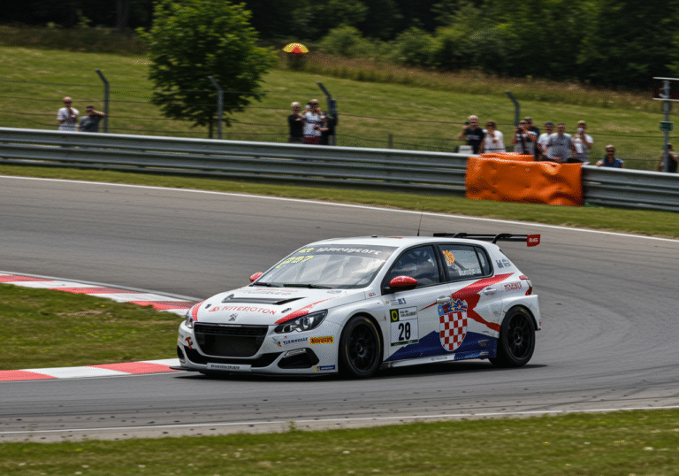 A low-angle, dynamic editorial photograph captures Matija Jurišić's white and red Peugeot 308 TCR 1.6 race car, displaying its Croatian flag decal, as it aggressively navigates a sharp, uphill bend on the winding Hilter-Borgloh track in northwestern Germany. The vehicle is leaning heavily into the turn at high speed, with visible tire deformation and a faint blur of motion conveying its velocity. Bright August daylight illuminates the scene, casting crisp shadows across the asphalt. Lush green German hills and scattered trees line the trackside, with spectators visible along the fence lines in the background, engrossed in the 57th ADAC Osnabrück Hill Climb.