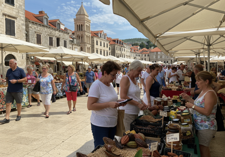 A wide shot capturing a vibrant street market scene in a coastal Croatian city, like Split or Dubrovnik, during a bright August 2025 day. Local residents and some tourists mingle amongst stalls, some carrying shopping bags, reflecting the strong domestic retail activity and stable tourism. In the background, traditional Croatian architecture blends with more contemporary commercial buildings. A vendor or shopper looks at a price tag on a food item, such as coffee beans or cocoa products, with a slightly thoughtful or discerning expression, subtly hinting at the pressure of increased raw material costs and rising inflation.