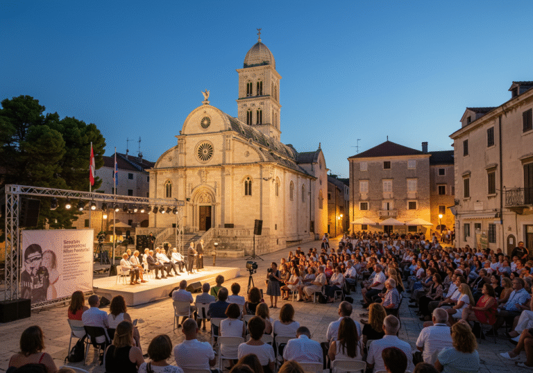 An eye-level wide shot capturing the vibrant opening ceremony of the Second Croatian International Film Festival at dusk. The scene unfolds on Trg Republike Hrvatske (Republic of Croatia Square) in Šibenik, Croatia. In the background, the iconic, brightly illuminated Katedrala sv. Jakova (Cathedral of St. James) stands majestically. The square is bustling with a diverse, well-dressed audience, attentively gathered around a stage area, bathed in warm, inviting festival lights. The atmosphere is one of elegant celebration and international cultural exchange, with Croatian flags subtly visible in the distance. The sky is a deep twilight blue.