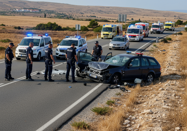 Daylight on state road DC 106 near Kolan on the island of Pag, Zadar County, Croatia. Croatian police officers in uniform are actively investigating the scene of a severe traffic accident. Two heavily damaged cars with foreign license plates are visible on the asphalt, showing significant wreckage from the impact. Multiple emergency vehicles, including police cars and ambulances, are parked nearby with active lights. The dry, sun-drenched landscape of the Croatian island forms the background.