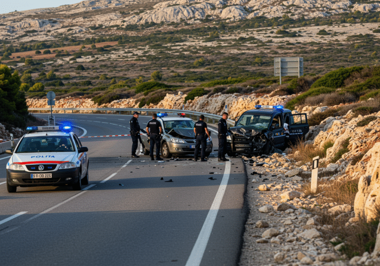 Midday light illuminates Croatian state road DC 106 above Kolan on Pag Island, Zadar County, showing the aftermath of a severe traffic accident. Two heavily damaged vehicles are stationary on the asphalt and shoulder. Croatian police officers in dark uniforms are actively conducting an investigation around the vehicles, examining the scene. A marked Croatian police car with flashing blue lights is parked nearby. The rugged, rocky landscape of Pag Island stretches into the background under a clear sky, conveying a serious and somber atmosphere.