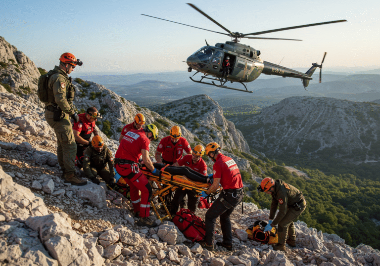 An injured woman is carefully being secured by Croatian Mountain Rescue Service (HGSS) members and Croatian Special Forces (ZSS) personnel on steep, rocky terrain in Paklenica National Park, Croatia. A Croatian Air Force Mi-171Sh helicopter, identifiable by its military markings, hovers above, ready for extraction. The scene unfolds in the early afternoon under bright, clear skies, highlighting the rugged, sun-drenched landscape. The Croatian rescuers are in their professional uniforms, working with intense focus amidst the challenging mountain environment.