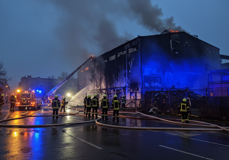 Early morning in Planinska Street, Peščenica, Zagreb, Croatia, showing the aftermath of a significant fire at the Pan-Pek production plant. The industrial building's facade is heavily scorched and damaged, with some sections appearing compromised. Croatian firefighters in their dark uniforms and yellow helmets are present around the perimeter, some hosing down hotspots, others standing by their vehicles. The ground is wet from firefighting efforts, reflecting the flashing blue and red emergency lights from Croatian fire trucks. Wisps of smoke are still rising from the structure against the pre-dawn sky, indicating the recent extinguishing of the blaze. There are no visible flames, but clear signs of extensive material damage.
