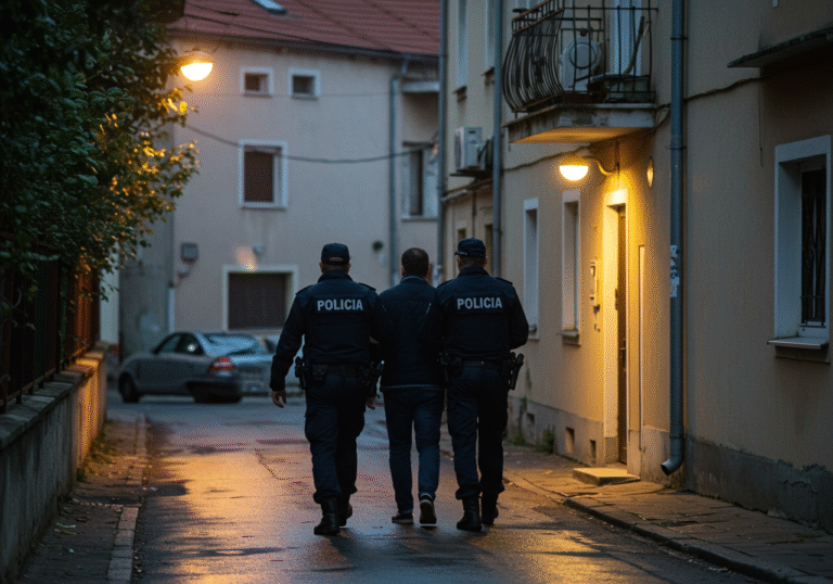 Early morning light filters onto a quiet residential street in Croatia. Three uniformed Croatian police officers in dark blue uniforms are escorting a civilian man, appearing serious, away from an older, modest apartment building. The street is still, with a damp sheen on the pavement from morning dew, and the architecture in the background is characteristic of a Croatian town, reflecting the tense silence of the scene.