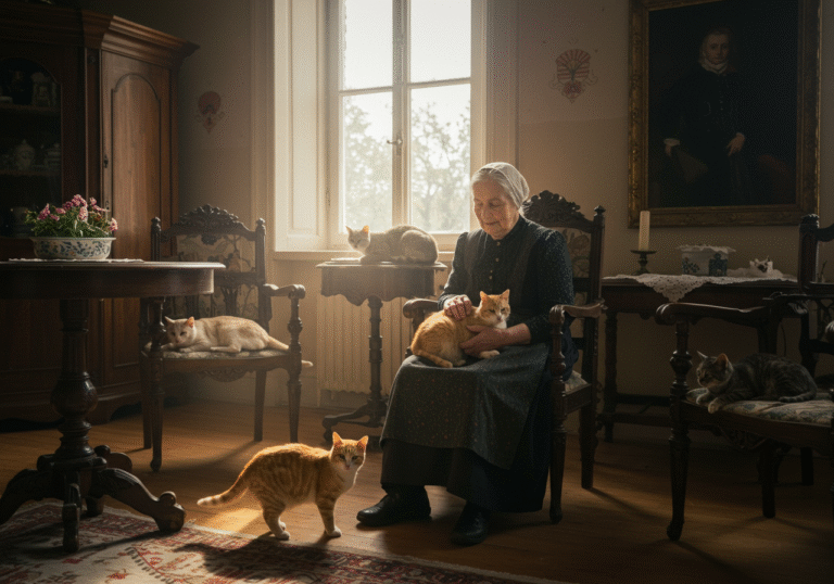 Paulina Hermann, an elderly woman with a gentle expression, wearing a modest, dark dress and apron typical of early 20th-century Croatian home attire, sits comfortably inside her grand historic residence, Vila Hermann, in Osijek, eastern Croatia. Sunlight streams through a tall window, illuminating a group of healthy, contented domestic cats lounging around her feet and on nearby antique furniture. She is softly petting a ginger cat resting on her lap, her hand showing a nurturing touch. The room features high ceilings and period-appropriate decorative elements reflecting turn-of-the-century Central European architecture. The atmosphere is warm and peaceful.