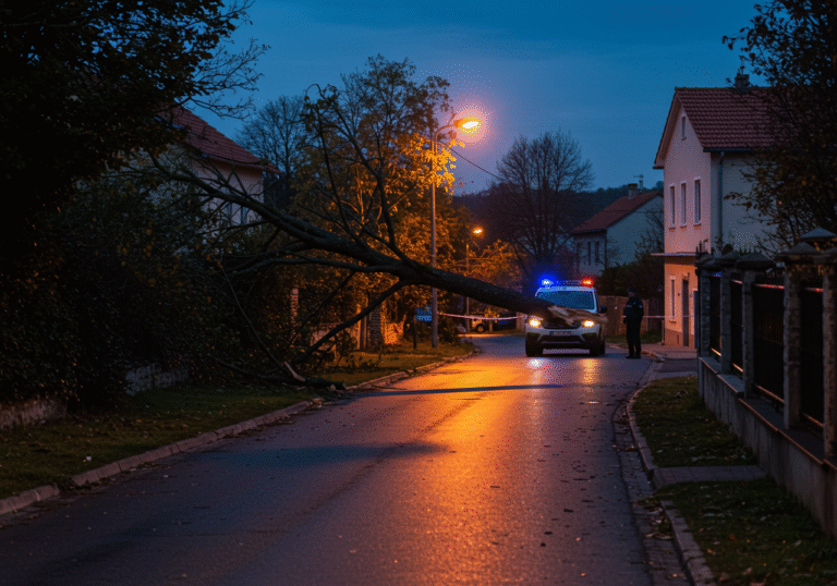 Pazin, Croatia, evening. A somber scene in a peaceful residential area near Kršikla at dusk, with a large tree partially fallen from an elevated terrain. The twilight sky casts long shadows over the quiet neighborhood. In the distance, a marked Croatian police vehicle is visible, with an officer observing the area, reflecting the gravity of the recent event. The general atmosphere is one of profound quietness and tragedy, with hints of a recently concluded family gathering in the background.