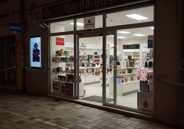 Exterior view of a perfume store on Alfreda Nobela street in the Sop district of Dugo Selo, Croatia, at approximately 8:40 PM on a summer evening. The scene is illuminated by artificial streetlights, casting a quiet ambiance on the darkened street. Signs of recent disturbance or damage are visible at the entrance, hinting at a forced entry or a daring theft. Inside, merchandise displays appear noticeably disturbed, with empty spaces where a large quantity of perfumes were recently located, indicating significant material loss. The overall atmosphere is still and calm, reflecting the immediate aftermath of a crime in a suburban setting.