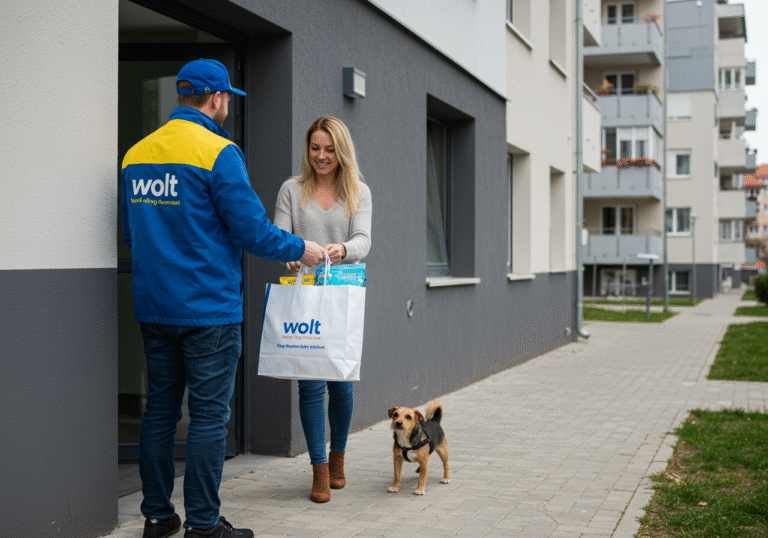 A Wolt delivery driver, wearing a blue and yellow uniform, hands a white shopping bag filled with pet food and supplies to a smiling woman at the entrance of her modern residential apartment building in a Croatian city. A small, eager dog peers from behind her legs, looking curiously at the delivered items. The scene is brightly lit by natural daylight on a clear afternoon, showcasing a typical, well-maintained Croatian urban residential setting.