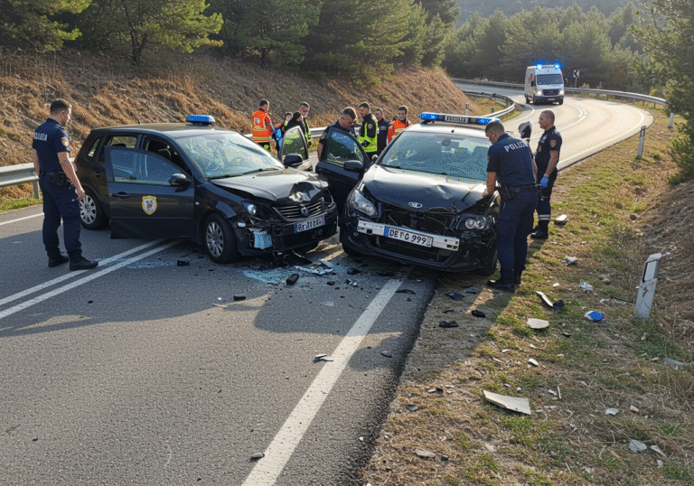 A realistic, editorial photograph of a traffic accident on State Road D-1 in Pađene, Croatia, around 9:15 AM. Two passenger vehicles, one with Šibenik license plates and the other with Bjelovar license plates, are severely damaged on their front left parts, positioned in a curve of the road. Croatian police officers are securing the scene, while paramedics attend to lightly injured individuals nearby. The morning light casts a clear view over the aftermath, capturing the details of the damaged cars and the surrounding Croatian roadside environment.