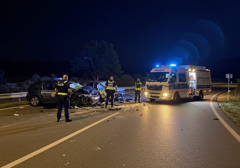 Nighttime scene at the intersection of road ŽC 5214 in Kator, Istria, Croatia, after a severe head-on car accident. Two heavily damaged vehicles are visible on the asphalt, with debris scattered around them. Croatian police officers in uniform and reflective vests are actively investigating the crash site, illuminated by the flashing blue lights of their patrol vehicle. The environment is dark under an August night sky, with artificial emergency lights casting long shadows, conveying a sense of urgent activity and a serious incident.