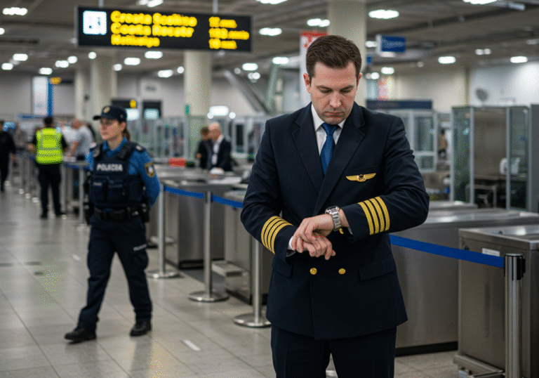 A male Croatia Airlines pilot in a standard uniform, appearing stressed and looking at his watch, stands near a busy airport security checkpoint at a Croatian airport. A uniformed Croatian police officer is subtly visible in the background. The airport terminal is brightly lit, and passengers and airport staff are moving around, creating a typical bustling environment, yet the pilot's expression conveys a sense of frustration and professional delay.