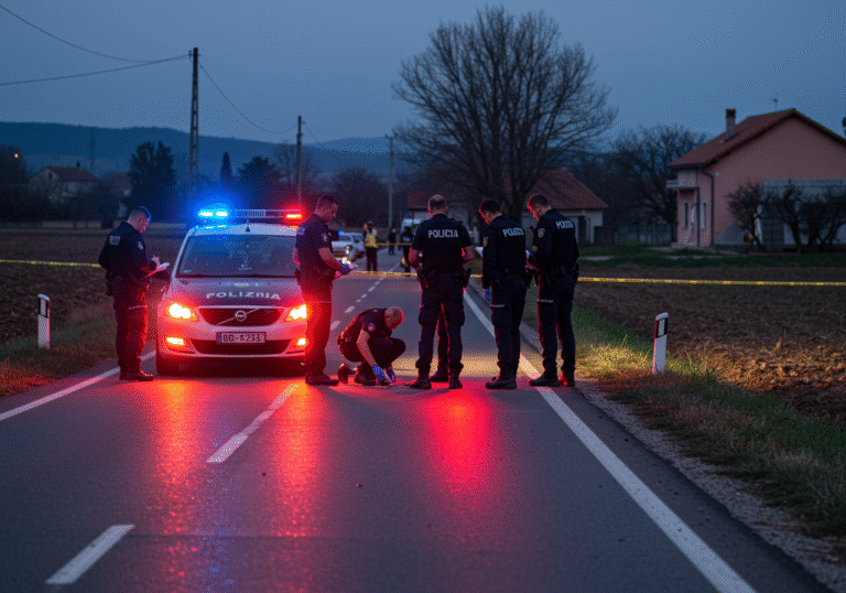 A serious, somber scene on a county road in Runovići, near Imotski, Croatia, on a Monday evening around 7 PM. Croatian police officers from the Split-Dalmatia County police force are conducting an on-site investigation of a fatal traffic accident. Emergency vehicle lights from a parked police car cast a red and blue glow across the asphalt and surrounding rural area. Several officers in dark blue uniforms with reflective elements are meticulously examining a specific spot on the road, some kneeling, others standing with clipboards. The sky above is fading into twilight, and the background features glimpses of Croatian rural landscape or sparse buildings typical of the region. The air is still, reflecting the gravity of the ongoing investigation.