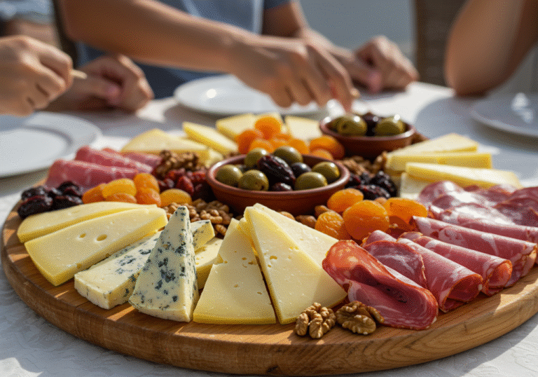 A generously presented traditional Croatian 'plata' platter, laden with an assortment of selected cheeses, various types of cured meats, fresh and dried fruits, and nuts. The ingredients are artfully arranged on a large wooden board, showcasing a rich variety of textures and colors under soft, natural daylight. In the subtly blurred background, hints of a warm, convivial family gathering are visible, with hands possibly reaching for a piece, embodying the simplicity and enduring communal joy of Croatian culinary tradition.