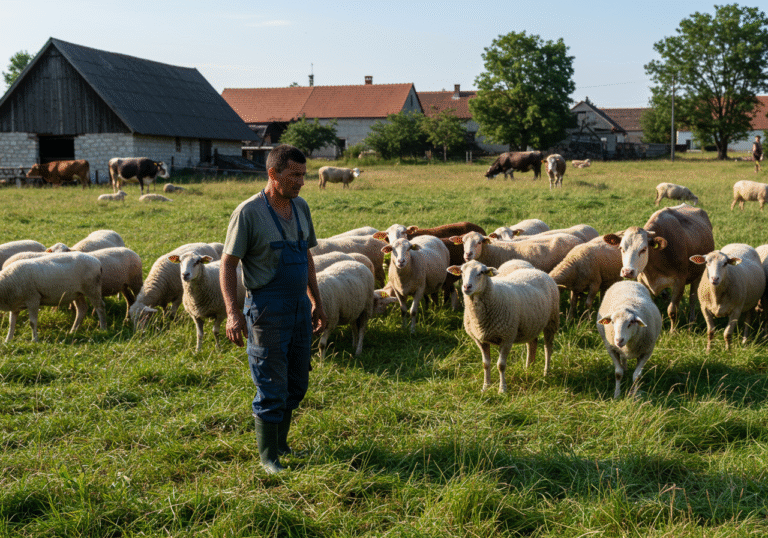 A concerned Croatian farmer in work clothes stands in an outdoor pasture, observing a flock of sheep and a few cattle under the bright summer sun. The scene is set on a rural farm in Croatia, with traditional farm buildings and fields in the background, conveying the pastoral setting. The farmer's expression reflects worry as some animals appear subdued or listless, indicating the impact of the widespread Bluetongue virus affecting livestock in the region during the height of mosquito season.