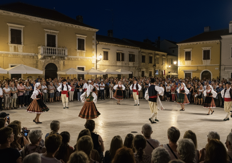An vibrant outdoor scene capturing the lively atmosphere on the main square of Gornja Rijeka, Croatia, on the evening of August 14, 2025. Folk dancers in colorful and authentic traditional Croatian costumes are performing intricate choreographies, their movements full of energy. A large crowd of locals and visitors fills the square, their faces showing joy and engagement as they watch the performance. The scene is illuminated by warm, festive evening lights, casting a glow over the historic buildings and creating a sense of community celebration on the eve of Velika Gospa.