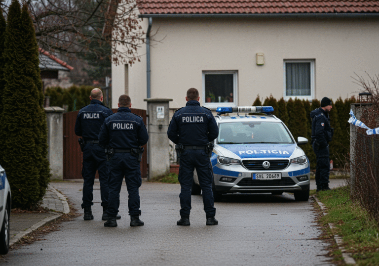Croatian police officers in dark blue uniforms stand outside a family house in Rogotin, Ploče, Croatia, on a somber, overcast afternoon. A marked Croatian police patrol car is parked on the quiet residential street nearby. The officers appear serious, engaged in an ongoing criminal investigation in the neighborhood.
