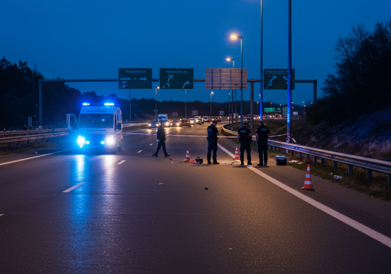 Evening on the Croatian A7 highway, between Jurdan and Matulji. Croatian police officers in dark uniforms are conducting a detailed investigation at the scene of a fatal motorcycle accident. Blue and red flashing lights from emergency vehicles illuminate the asphalt, casting long shadows. Traffic cones and yellow police tape cordon off the area. In the background, a line of diverted vehicles can be seen exiting the highway at the Jurdan interchange. The sky is dark blue at twilight, creating a somber atmosphere.