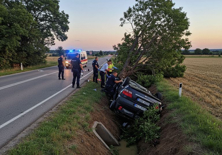 An editorial photograph taken at twilight on an August evening, depicting the somber scene of a serious car accident on a curved rural road between Šarengrad and Bapska in the Ilok area of Croatia. A heavily damaged personal vehicle with visible Croatian Vukovar region license plates is partially overturned and resting within a deep drainage ditch adjacent to the road. The vehicle's left side shows severe impact from a large tree standing near the ditch. Several Croatian police officers in dark blue uniforms are actively investigating the scene, some examining the wreckage and taking notes. An emergency medical services ambulance is parked discreetly on the road's shoulder in the background, its lights off. The surrounding landscape shows typical Croatian rural fields and trees under a clear, transitioning sky.