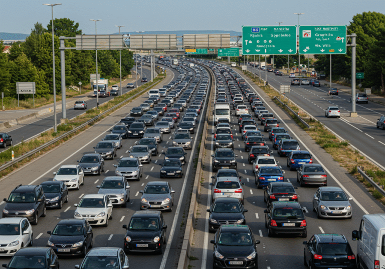 An editorial wide-angle shot of a heavily congested multi-lane Croatian highway during a clear, warm August afternoon. Hundreds of cars are bumper-to-bumper, inching slowly forward, with many vehicles heading towards the Adriatic coast. The summer sun casts long shadows across the asphalt. In the dense traffic, a large semi-truck is visibly present, highlighting the holiday traffic restrictions for heavy goods vehicles over 7.5 tons. Distant Croatian road signs point towards major cities like Rijeka or coastal destinations. The scene captures the significant traffic intensity experienced across Croatia during the extended Velika Gospa holiday weekend.
