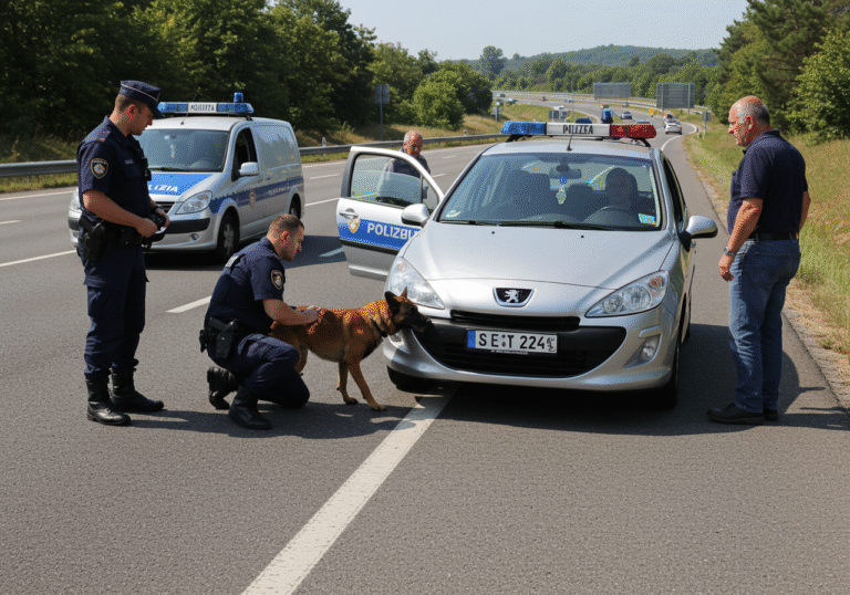Police dog Ares, a K9 unit member, is actively sniffing the front passenger side of a stopped silver Peugeot car with Split license plates on the asphalt shoulder of Croatia's A1 highway, near the Donja Zdenčina interchange, on a bright, sunny mid-day. Two Croatian police officers in standard blue uniforms observe Ares closely, with one officer kneeling beside the vehicle. A 62-year-old male driver, looking somber, stands restrained near the rear of the Peugeot. A Croatian police patrol car is parked behind the stopped civilian vehicle. The scene is a tense moment during a routine traffic control operation.