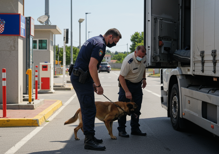 A Croatian police officer in dark blue uniform and a Croatian customs officer in a lighter uniform are conducting a detailed inspection of a large white cargo truck with Slovenian license plates at the Županja border crossing in Croatia. A trained K9 police dog is actively sniffing inside the truck's cabin near the driver's bunk, indicating the presence of hidden items. The scene is brightly lit by natural sunlight on a clear day in early August 2025. Both officers have focused, professional expressions, with the police dog appearing alert and engaged in its task. Border control buildings and distant vehicles are visible in the background, emphasizing the active border environment.