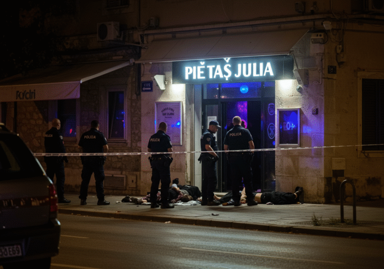 Night scene in Pula, Croatia, outside the Pietas Julia nightclub. Several Croatian police officers, dressed in dark uniforms, are present on the pavement near the club's entrance. On the ground directly in front of the establishment, several individuals are lying down. The area is illuminated by the ambient glow of nearby streetlights and the faint light emanating from the nightclub, creating a somber, serious atmosphere. The officers appear professional and focused on the situation.