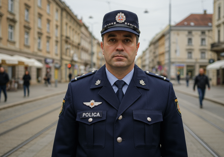 A uniformed Croatian police officer, late 30s to early 40s, with a serious, resolute expression, stands outdoors in a moderately busy street in Zagreb on an overcast day. The officer is looking directly ahead, conveying authority and urgency. In the soft, diffused daylight, the details of the Croatian police uniform are clear. Buildings with typical central European architecture, perhaps a tram line or public square, are visible in the slightly blurred background, establishing the Croatian urban environment.