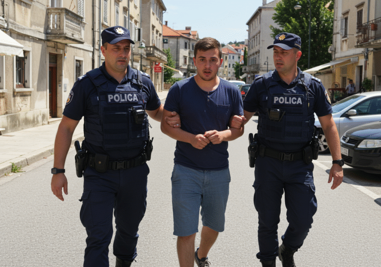 A young Croatian man in his early twenties is being apprehended by two Croatian police officers on a sunlit street in Rijeka, Croatia. One officer, wearing a dark blue Croatian police uniform with a tactical vest, firmly holds the suspect's arm, while another officer stands close by, observing the scene. The suspect has a surprised and slightly resistant expression on his face, dressed in casual summer clothing. In the background, typical Croatian urban architecture and parked cars are visible under a clear, bright blue sky. Midday, natural light, editorial news photography style.