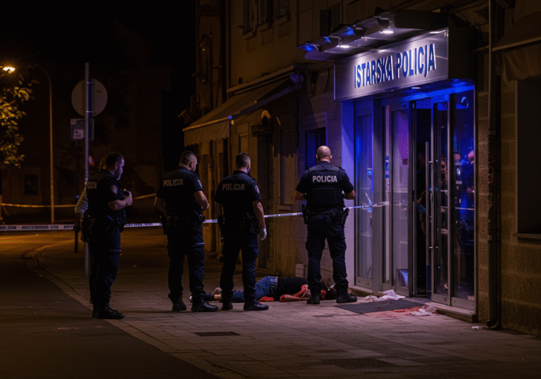 Late night, Obala Maršala Tita in Poreč, Istria, Croatia. A 19-year-old male lies severely injured and unconscious on the ground outside a nightclub, his head visibly bleeding. Croatian police officers from Istarska policija, in dark uniforms, are present, actively investigating the grim scene. The dim light from distant streetlamps and the nightclub entrance illuminates the area. The atmosphere is quiet, tense, and somber.