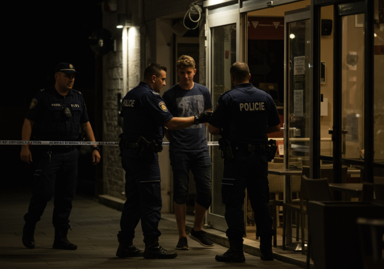 Early morning, 3:10 AM, Croatian police officers in standard uniform are visible inside a dimly lit hospitality establishment within a tourist resort area in Poreč, Croatia. One officer is apprehending or questioning an 18-year-old Dutch male, who appears somber or agitated. The scene is illuminated by soft, artificial lighting, highlighting the modern interior of the venue, with another police officer maintaining watch in the background. The atmosphere is serious and controlled, reflecting an official intervention in a popular tourist destination.