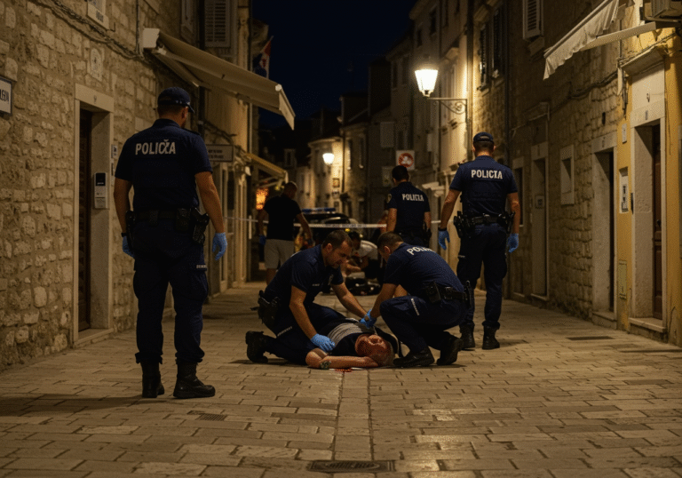 Nighttime, August 10, 2025, in Poreč, Istria, Croatia. A 67-year-old man lies on the ground, his face contorted in pain and showing visible injuries, as Croatian police officers in dark blue uniforms secure the scene around him. One officer kneels beside the injured man, offering aid, while others are seen in the background investigating the area. Streetlights illuminate the old town architecture and cobblestone street, casting long shadows. The air is warm and humid, typical of a summer night on the Adriatic coast. The overall atmosphere is grim and tense, reflecting the immediate aftermath of a violent incident.
