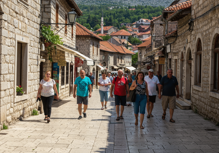 A midday street scene in a Herzegovinian town, Bosnia and Herzegovina, on a sunny Saturday in August. Local residents in casual summer clothing are briefly paused on a stone-paved street, some with subtle expressions of surprise or a momentary startle on their faces. Traditional Balkan architecture with light-colored stone buildings and red tile roofs lines the street. The strong midday sun illuminates the scene, casting defined shadows. There is no visible damage to the surroundings, and the atmosphere suggests a fleeting moment of disruption before calm returns.