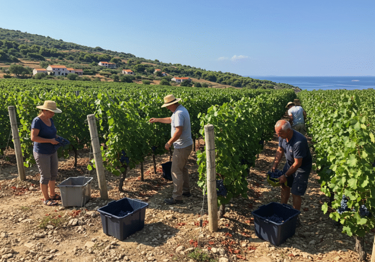 A bright, sunny August day on the southern slopes of Šolta island, Croatia. Robert, his wife, and enologist Slaven Jeličić are diligently hand-picking ripe Pošip grapes from new vineyard rows. The scene captures the first historic harvest after 70 years, with the rugged, rocky terrain of the island gently sloping down towards the sparkling blue Adriatic Sea in the background. Workers are dressed in practical, light summer clothing, their faces showing focused concentration and a quiet sense of accomplishment under the clear Croatian sky.