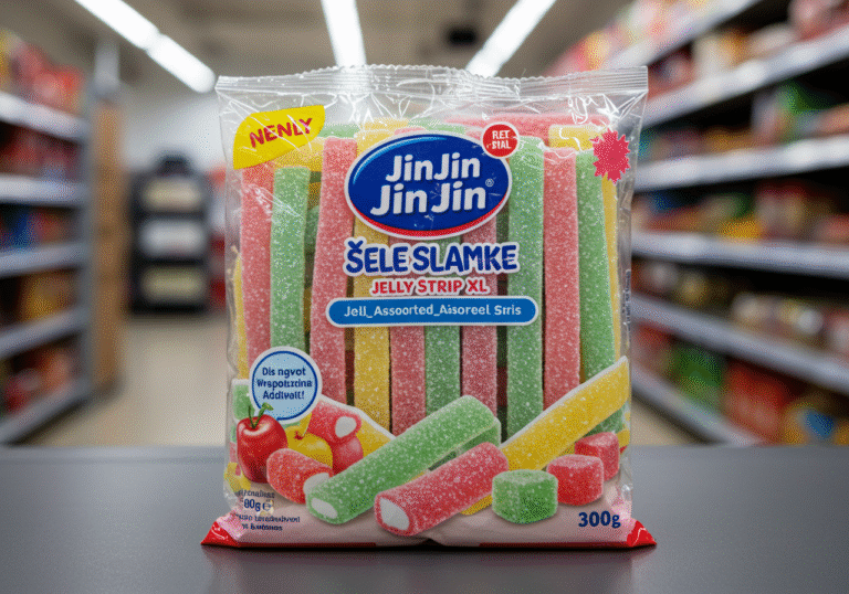 A clear, professional close-up of a 'Jin Jin ŽELE SLAMKE – Jelly Strip XL Assorted 300g' package, prominently displaying the colorful jelly straws inside. The package is set on a neutral, clean surface, possibly a checkout counter or a returns desk in a Croatian supermarket. The background is softly out of focus, suggesting a bustling retail environment during daytime, emphasizing the product that is subject to a nationwide recall in Croatia due to unauthorized food additives.