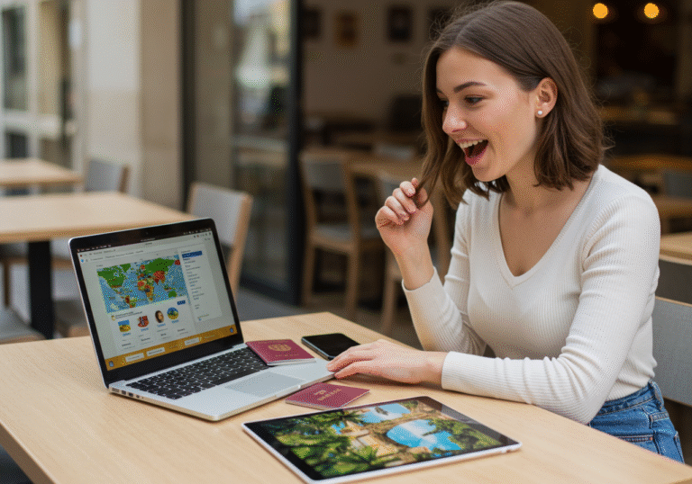 A young Croatian woman, mid-20s, with a look of pleasant surprise and excitement, sits at a clean, light-colored wooden table in a contemporary cafe during daylight hours in Zagreb. Her attention is fully on a laptop screen displaying a vibrant travel booking interface, subtly suggesting exceptionally low-cost flight options from Croatian cities such as Zagreb and Split to popular European destinations like Rome and Barcelona. An open Croatian passport and a smartphone are placed beside the laptop. On the table, a second, smaller tablet or a glossy travel magazine is open to an image of a lush, exotic Southeast Asian landscape, subtly representing new distant travel opportunities. The scene captures the spirit of affordable and expansive travel planning, bathed in natural light.