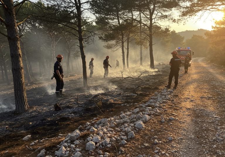 A group of Croatian firefighters in dark blue uniforms and helmets stand within a recently localized pine forest fire area in Vršine, west of Trogir, Croatia, during late afternoon. Wisps of smoke gently rise from the charred ground and tree trunks. One firefighter is seen inspecting the smoldering remains, while others are in the background. The low sun casts long shadows over the dry, rocky terrain. A Croatian fire department vehicle is partially visible on a dirt track nearby. The air appears mostly clear, indicating the fire is under control.