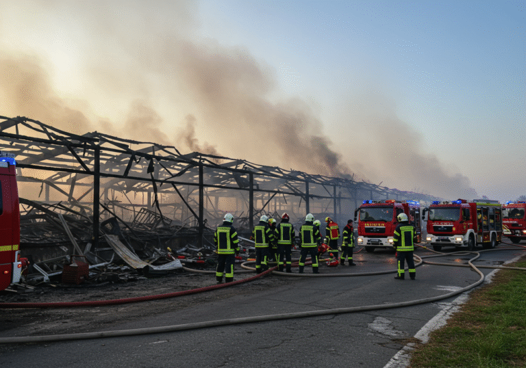 Morning light illuminates the smoldering remains of a large poultry farm building in Jankolovica, near Biograd na Moru, Croatia. Charred structures and twisted metal indicate extensive damage from a devastating fire. Several Croatian firefighters, in their protective gear with reflective stripes, are actively on scene, some assessing the wreckage, others standing in small groups with somber expressions. Multiple red and yellow fire trucks from various local Croatian departments, including Biograd na Moru, are parked nearby, their hoses and equipment visible. A faint haze of smoke hangs low in the cool morning air, indicating the recent inferno that swept through the facility.