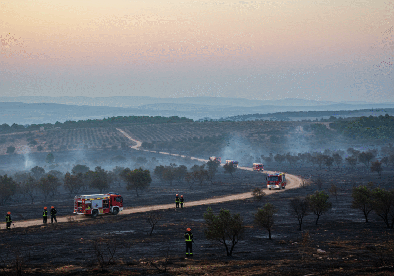 Croatian firefighters in dark protective uniforms survey a vast expanse of scorched earth and burnt olive groves in the Jesenice area of Croatia. The sky above is hazy with residual smoke from a large wildfire, casting a diffused, late afternoon light on the scene. Several Croatian fire trucks are parked on an unpaved track winding through the devastated 250-hectare landscape. In the distance, the outline of the Adriatic coast and surrounding hills are visible through the atmospheric haze, depicting the aftermath on August 11, 2025.
