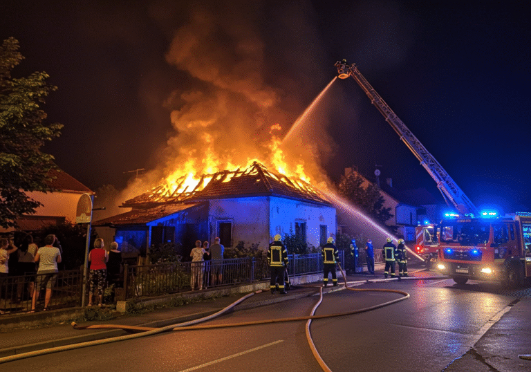 Nighttime, July 25, 2025, in Lelijska street, Dubrava, Zagreb, Croatia. A one-story house is seen with its roof entirely consumed by large, vivid orange flames, and thick, dark smoke billowing into the night sky. Several Zagreb Public Fire Department (Javna vatrogasna postrojba) fire trucks are parked on the street, their blue and red emergency lights flashing, casting dynamic light on the scene. Firefighters in yellow protective gear are actively working, directing powerful streams of water onto the burning roof from ground level. A vehicle belonging to the Croatian Electric Power Company (HEP) is also present, with personnel near the electrical installations. Residents from neighboring houses stand on the sidewalks, their faces illuminated by the fire and emergency lights, showing expressions of concern and worry. The atmosphere is tense and urgent, with the glow of the fire dominating the scene.