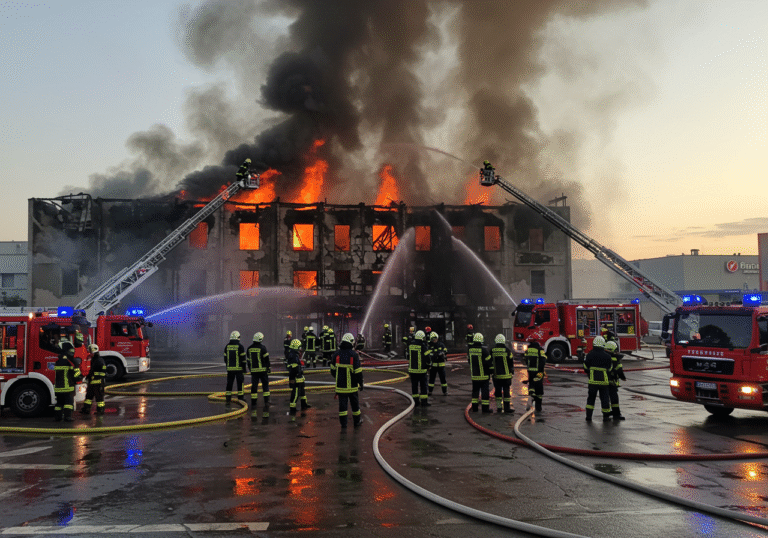Late afternoon on August 7th in Osijek, Croatia. A large business building is engulfed in a massive fire, with thick black smoke billowing from its severely damaged roof and upper floors, and orange flames visible through broken windows. Numerous Croatian firefighters in dark uniforms and helmets are on scene, actively battling the blaze with high-pressure water hoses, some positioned on extended ladders. Several red Croatian fire trucks with flashing lights are strategically placed around the building, which is located in a commercial area, with hints of a nearby gas station and a large shopping center in the background. The ground is wet from firefighting efforts, and the scene is intense, illuminated by the dramatic light of the late afternoon sun cutting through the smoke.