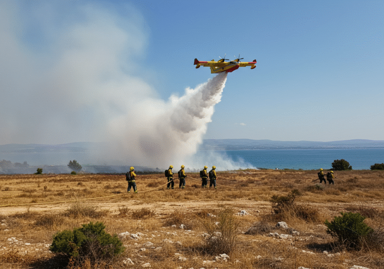 Mid-afternoon sun casts a bright light on the scene. Smoke billows from an active wildfire burning dry grass and low vegetation near Pakoštane, Croatia, with the serene blue waters of Lake Vrana visible in the background. Croatian volunteer firefighters, dressed in their standard protective gear, are on the ground, actively using hoses to suppress the blaze. Overhead, a Canadair CL-415 water bomber or an Air Tractor AT-802F fire boss aircraft is captured in the act of releasing water, creating a large spray as it targets the flames. The air is hazy with smoke, contrasting with the otherwise clear summer sky above the arid Mediterranean landscape.
