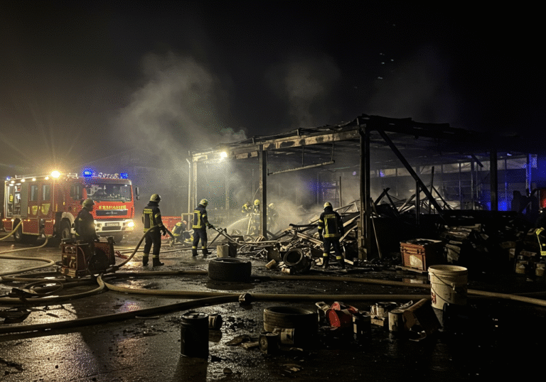 Croatian firefighters from the Public Fire Department of Krk (JVP Grada Krka) work under floodlights in the late evening, clearing debris inside and around a heavily damaged storage and service building near Nenadići, in the Valbiska area on Krk island. The scene is the aftermath of a major fire, with charred truck tires, crumpled metal, and remnants of paint cans scattered amidst the ash-covered ground. Several fire vehicles are parked nearby, their powerful work lights illuminating the immediate area. A faint haze of smoke hangs in the cool night air. Firefighters in their standard protective gear are methodically dousing remaining hot spots and securing the perimeter, their faces showing focus and determination after a challenging operation.