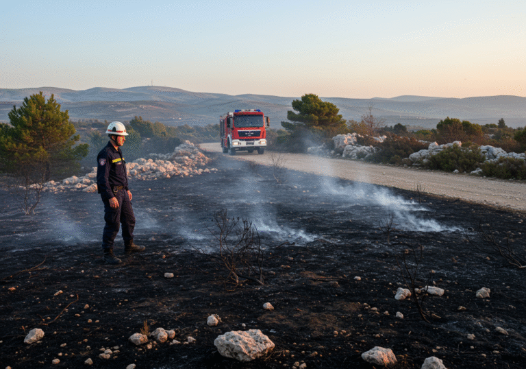 A Croatian firefighter in a dark blue uniform and helmet stands amidst the smoldering remains of a pine forest and low macchia, heavily charred by a large wildfire. Small plumes of smoke rise from the black earth around his boots. In the background, a large red Croatian fire truck is parked on a dirt track, while the rugged, rocky hills near Jesenice, east of Split, stretch towards the clear daytime sky. The air is still, after the strong bura wind that complicated firefighting efforts. The scene captures the aftermath of the intense battle, with the fire now contained.