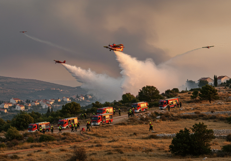 Early morning on August 11, 2025, a large wildfire burns across the dry, hilly landscape above Jesenice and Sumpetar, east of Split, Croatia. Thick plumes of smoke rise into the pre-dawn sky, catching the first light of sunrise and casting an amber glow. On the ground, numerous Croatian firefighters in their yellow and red protective uniforms, helmets, and respirators are actively dousing flames with hoses from multiple fire trucks parked on the rugged terrain. Above them, a red and white Canadair aircraft releases a large torrent of water onto the active fire line, while another Air Tractor flies nearby. The scene conveys the intense, coordinated effort against the fire, which stretches across three kilometers. Distant residential homes in Staro Selo are visible, carefully protected from the blaze. The air is hazy with smoke and carried ash.